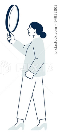 Woman hold magnifying glass. Searhing person icon Woman hold magnifying glass. Searhing person icon 94932802