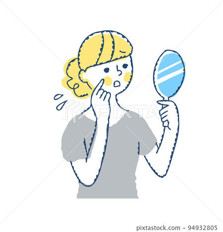 Skin worries A young woman looking at her face in a hand mirror Skin worries A young woman looking at her face in a hand mirror 94932805