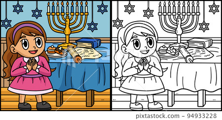Hanukkah Girl Praying with Menorah Illustration  94933228