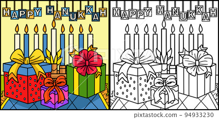 Happy Hanukkah Presents and Menorah Illustration 94933230
