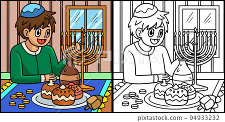 Hanukkah Boy lighting Menorah Illustration Hanukkah Boy lighting Menorah Illustration 94933232