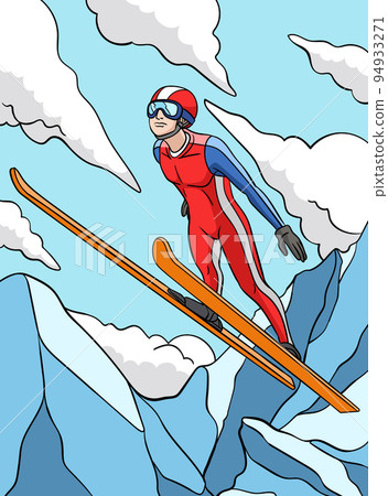 Ski Jumping Colored Cartoon Illustration 94933271