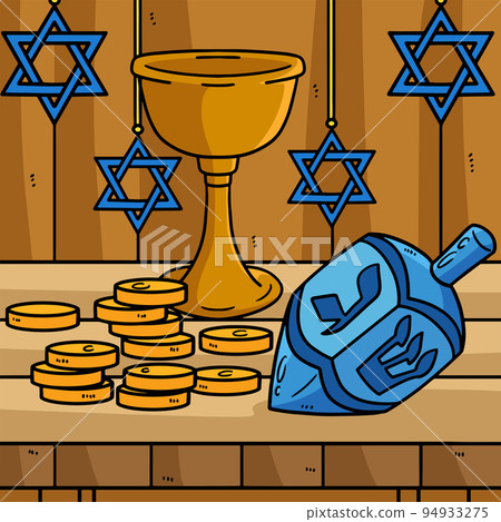 Hanukkah Dreidel, Coins and Chalice Colored Hanukkah Dreidel, Coins and Chalice Colored 94933275