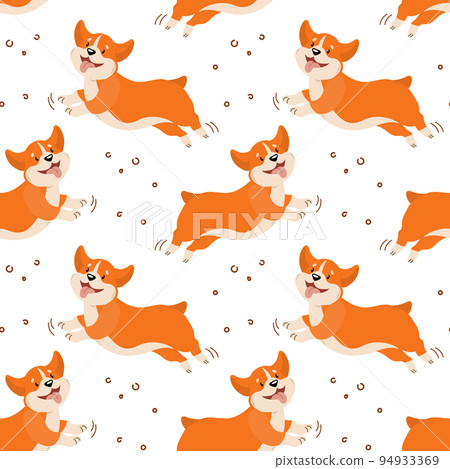 Cute jumping red corgi dogs on a white background. Print, children's textile, vector Cute jumping red corgi dogs on a white background. Print, children's textile, vector 94933369