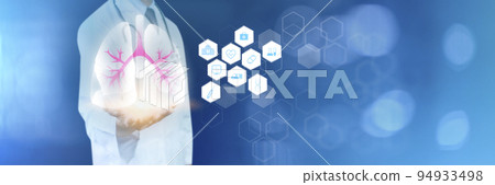 Pulmonologist doctor showing off virtual screen of lung medical issue amd medical icons. Healthcare medical technology concept. Pulmonologist doctor showing off virtual screen of lung medical issue amd medical icons. Healthcare medical technology concept. 94933498