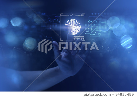 Person touching virtual screen to scan fingerprints, digital transformation management concept. Internet of Things, Big Data and Business Processes, Automation, Storage Systems, Cloud Computing 94933499