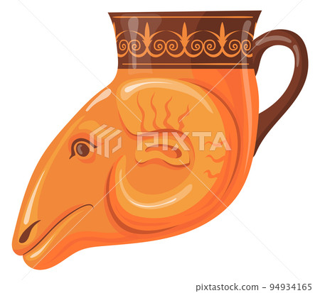 Ceramic ram head vessel in ancient greek style. Old pottery 94934165