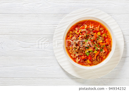 Hamburger Soup with barley and vegetables in bowl Hamburger Soup with barley and vegetables in bowl 94934232