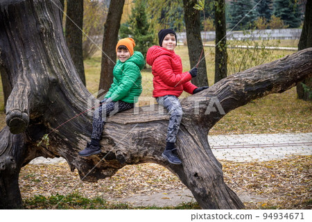 Two boys are sitting on a log. The child walks in the summer par Two boys are sitting on a log. The child walks in the summer par 94934671