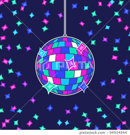 Illustration of disco ball. Mirror glitter sphere with reflecting surface. Image for party flyer. 94934844