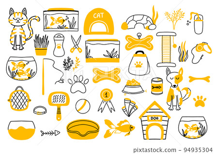 Vector set for pet shop. Collection for pets in doodle style. Accessories for pets.Caring for dogs, cats and fish. 94935304