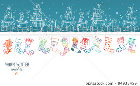 Greeting card with gift boxes and hanging doodle christmas stockings. Vector doodle illustration Greeting card with gift boxes and hanging doodle christmas stockings. Vector doodle illustration 94935459
