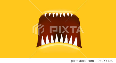 Vector Cartoon open monster mouth isolated on orange background. Funny and cute Halloween Monster open mouth with big vampire fangs or teeth and red tongue. Halloween card design template Vector Cartoon open monster mouth isolated on orange background. Funny and cute Halloween Monster open mouth with big vampire fangs or teeth and red tongue. Halloween card design template 94935480