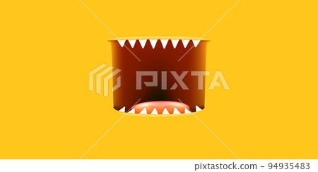 Vector Cartoon open monster mouth isolated on orange background. Funny and cute Halloween Monster open mouth with big vampire fangs or teeth and red tongue. Halloween card design template 94935483