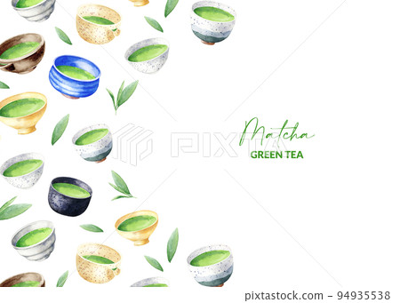 Card design with matcha bowls. Hand drawn elements of japanese green tea, leaves and cups. Background for packaging, wrapping paper, menu design. Watercolor illustration of asian drinks. Card design with matcha bowls. Hand drawn elements of japanese green tea, leaves and cups. Background for packaging, wrapping paper, menu design. Watercolor illustration of asian drinks. 94935538