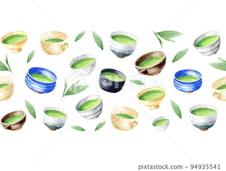 Seamless border with matcha bowls. Hand drawn elements of japanese green tea, leaves and cups. Background for packaging, wrapping paper, menu design. Watercolor illustration of asian drinks. 94935541