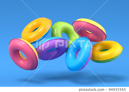 Colorful inflatable ring flying on blue background, 3D render of summer vacation Colorful inflatable ring flying on blue background, 3D render of summer vacation 94935565