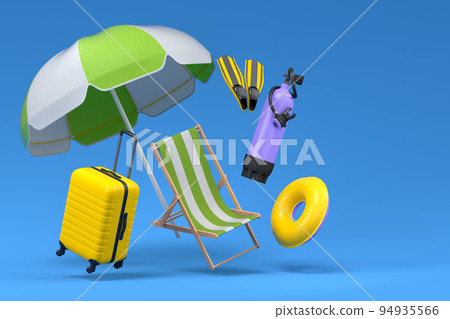 Colorful luggage with beach accessories and diving gear on blue background. Colorful luggage with beach accessories and diving gear on blue background. 94935566