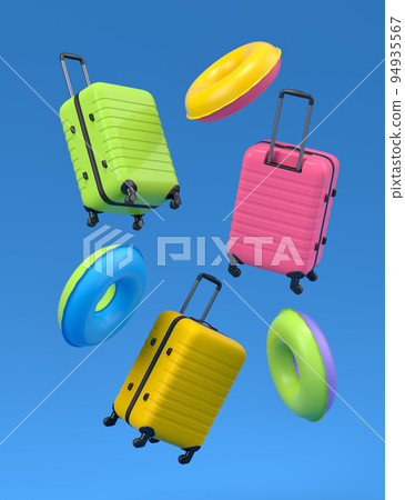 Colorful suitcase and inflatable ring flying on blue background, summer vacation Colorful suitcase and inflatable ring flying on blue background, summer vacation 94935567