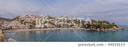 Amazing view on Ulcinj town in Montenegro. Clock Tower of Ulcinj Sahat Kulla. Lami Mosque. Ulcinj is a popular tourist destination in the summer on the southern Adriatic coast of Montenegro. Ulqin Amazing view on Ulcinj town in Montenegro. Clock Tower of Ulcinj Sahat Kulla. Lami Mosque. Ulcinj is a popular tourist destination in the summer on the southern Adriatic coast of Montenegro. Ulqin 94935633
