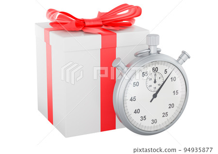 Gift box with stopwatch, gift concept. 3D rendering Gift box with stopwatch, gift concept. 3D rendering 94935877