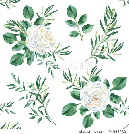 Seamless pattern with white roses, olive and pistachio branches. Watercolor illustration. Rustic style Can be used for wedding prints, gift wrapping paper, backgrounds for Valentine's day and birthday Seamless pattern with white roses, olive and pistachio branches. Watercolor illustration. Rustic style Can be used for wedding prints, gift wrapping paper, backgrounds for Valentine's day and birthday 94935980