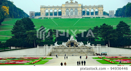 Austria Vienna World Heritage Schoenbrunn Palace Garden Flowerbed Neptune's Fountain Gloriette 94936446