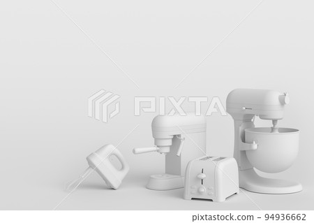 Espresso coffee machine, hand mixer, kettle and toaster on monochrome background Espresso coffee machine, hand mixer, kettle and toaster on monochrome background 94936662