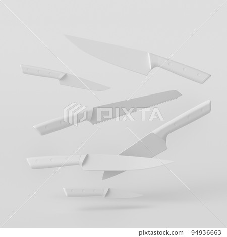 Set of fluing chef kitchen knives with a wooden handle on monochrome background. 94936663