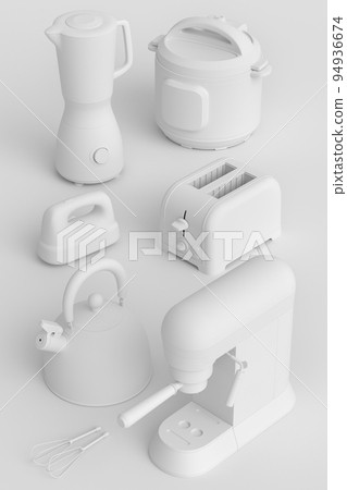 Electric kitchen appliances and utensils for making breakfast on monochrome 94936674