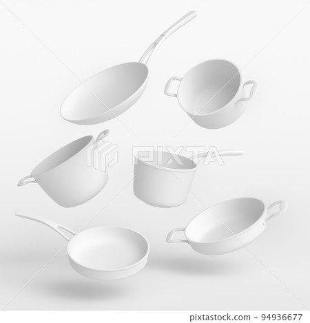 Set of flying stewpot, frying pan and plated cookware on monochrome background 94936677