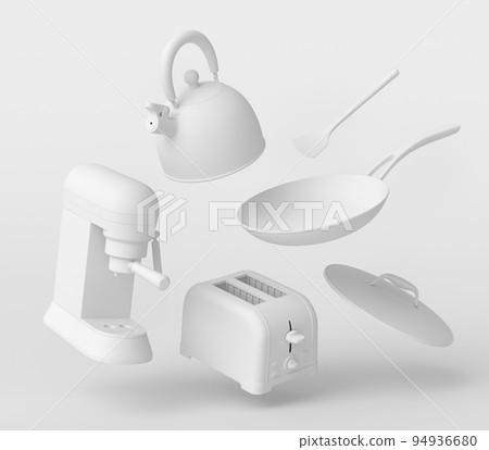 Espresso coffee machine, hand mixer, kettle and toaster on monochrome background Espresso coffee machine, hand mixer, kettle and toaster on monochrome background 94936680