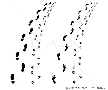 Footprints and dog paw prints, turn left or right Footprints and dog paw prints, turn left or right 94936877