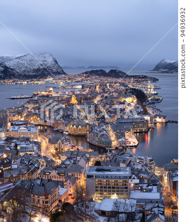 Illuminated Alesund City In Norway at Night Illuminated Alesund City In Norway at Night 94936932