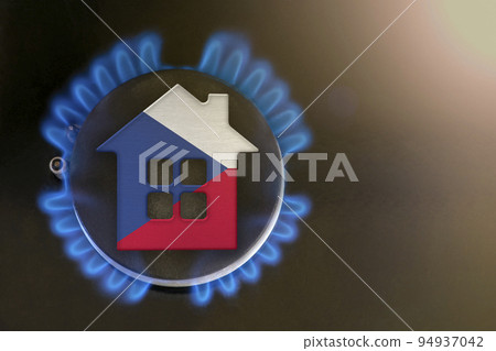 gas crisis. Rising utility costs in Czech Republic. Energy crisis, export-import problems in Czechia. The concept, gas burner and house model are colored in the colors of the flag. 94937042
