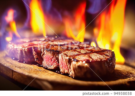 Grilled steak minion over big fire flame selective focus. Closeup beefsteak medallion grilling. Medium rare red meat tenderloin recipe. Barbeque culinary, roasted food preparation 94938038