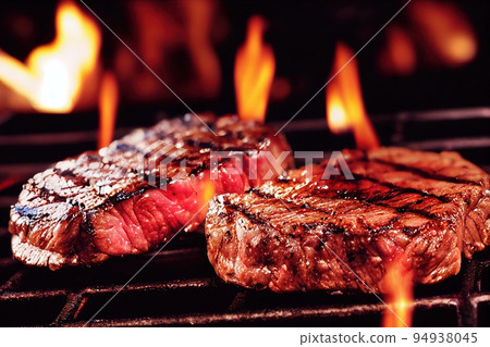 Two juicy medium rare steak on barbecue grill. Succulent red meat medallion cooking on open flame. Filet mignon with crispy crunch skin. Cookout food. Selective focus, shallow depth of field Two juicy medium rare steak on barbecue grill. Succulent red meat medallion cooking on open flame. Filet mignon with crispy crunch skin. Cookout food. Selective focus, shallow depth of field 94938045