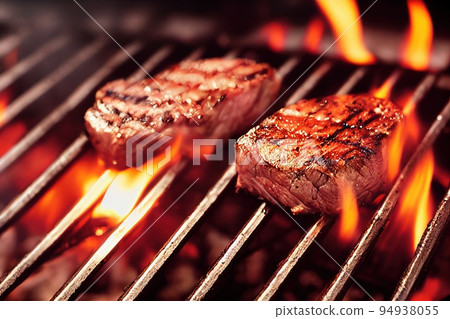 Grilled pork or beef steak on flaming grill plate. Roasted meat tenderloin in fire blaze and smoke. Hot barbeque meal steaming on grid. Cookout concept. Closeup selective focus, shallow depth of field Grilled pork or beef steak on flaming grill plate. Roasted meat tenderloin in fire blaze and smoke. Hot barbeque meal steaming on grid. Cookout concept. Closeup selective focus, shallow depth of field 94938055