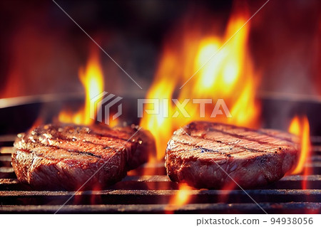 Two steak medallion grilling on open flame. Grilled beefsteak selective focus. Barbecue beef or pork cooking on bbq grid. Hot braai meat in smoke and glowing blaze. Blurred effect, closeup Two steak medallion grilling on open flame. Grilled beefsteak selective focus. Barbecue beef or pork cooking on bbq grid. Hot braai meat in smoke and glowing blaze. Blurred effect, closeup 94938056