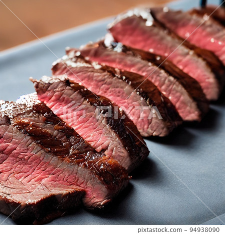 Sliced medium rare flank steak with crispy skin closeup. Grilled beef steak on dark stone board. Marinated roasted meat. Barbeque menu. Selective focus, shallow depth of field 94938090