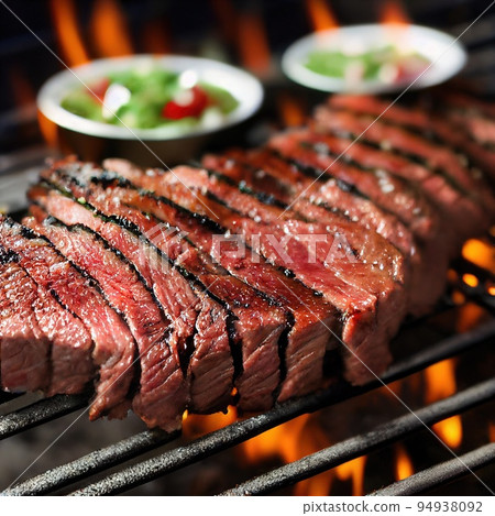 Flank steak red meat cooking on grill. Prepared raw vegetable in bowl ready for cooking on blurred background. Restaurant menu, cookout food. Selective focus, shallow depth of field 94938092