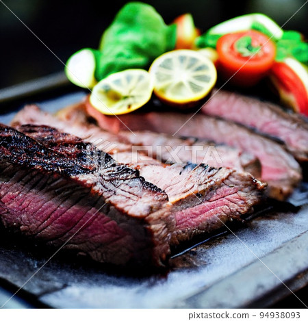 Medium well steak barbecuing on electric grill. Red meat flank steak slices with lemon and tomato closeup macro shot over blurred background and selective focus. BBQ food, grill menu 94938093