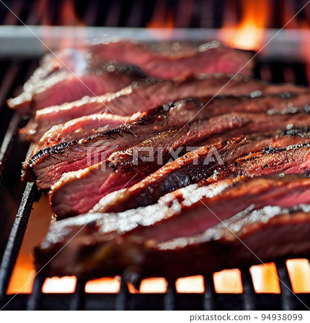 Closeup steaming flank steak on barbeque grill. Roasted beefsteak on grid. Smoked barbecued beef sirloin. Barbeque and cookout on fire flame. Selective focus, shallow depth of field Closeup steaming flank steak on barbeque grill. Roasted beefsteak on grid. Smoked barbecued beef sirloin. Barbeque and cookout on fire flame. Selective focus, shallow depth of field 94938099