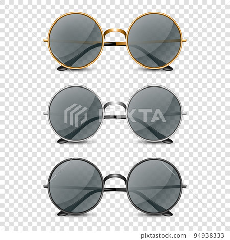Vector 3d Realistic Round Frame Glasses Set with Black Transparent Glass isolated, Sunglasses for Women and Men, Accessory. Optics, Lens, Vintage, Trendy Glasses. Front View Vector 3d Realistic Round Frame Glasses Set with Black Transparent Glass isolated, Sunglasses for Women and Men, Accessory. Optics, Lens, Vintage, Trendy Glasses. Front View 94938333