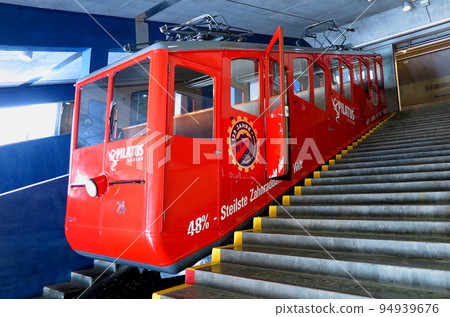 Swiss Pilatus Railway trains parked at Kulm station on top of mountain 94939676