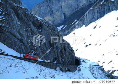 Switzerland's Pilatus Railway, the world's steepest train, heading to the foot of the mountain 94939677
