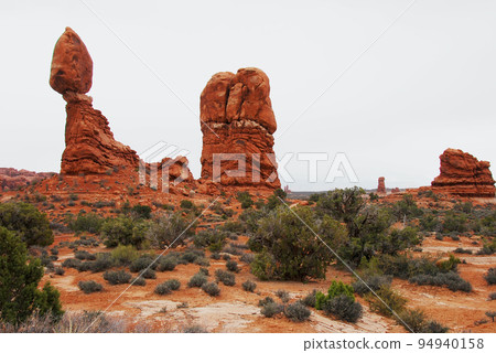 United States Colorado Plateau Arches National Park Balancing Rock and surrounding vegetation in early spring 94940158