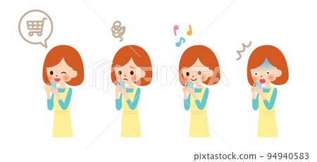 使用智能手機的年輕女子的面部表情集 使用智能手機的年輕女子的面部表情集 94940583