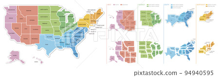 美國 4 個地區和 9 個地區用州名進行顏色編碼的地圖 美國 4 個地區和 9 個地區用州名進行顏色編碼的地圖 94940595