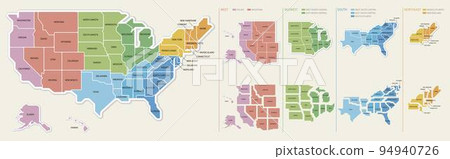 美國 4 個地區和 9 個地區用州名進行顏色編碼的地圖 94940726